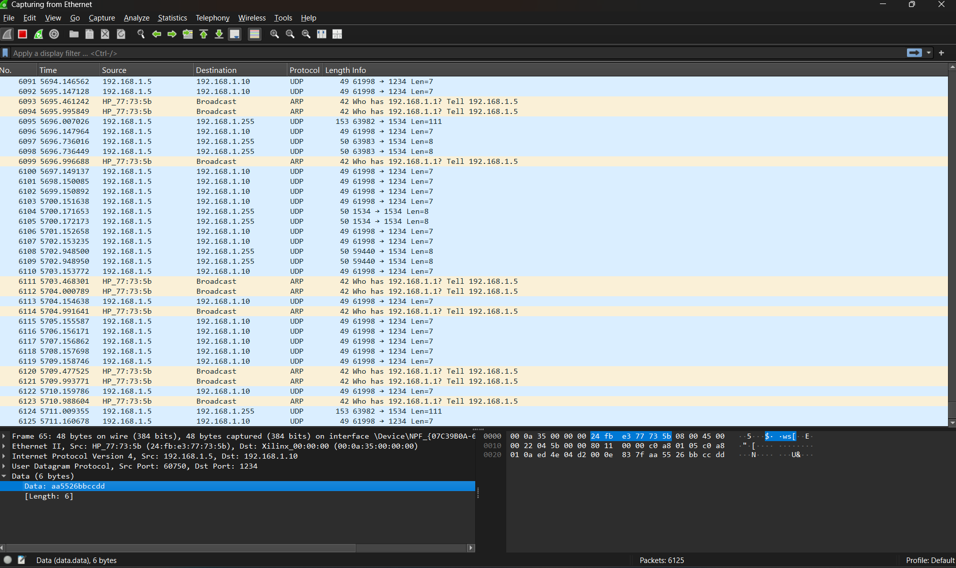 Wireshark capture showing UDP packets egressing from PC