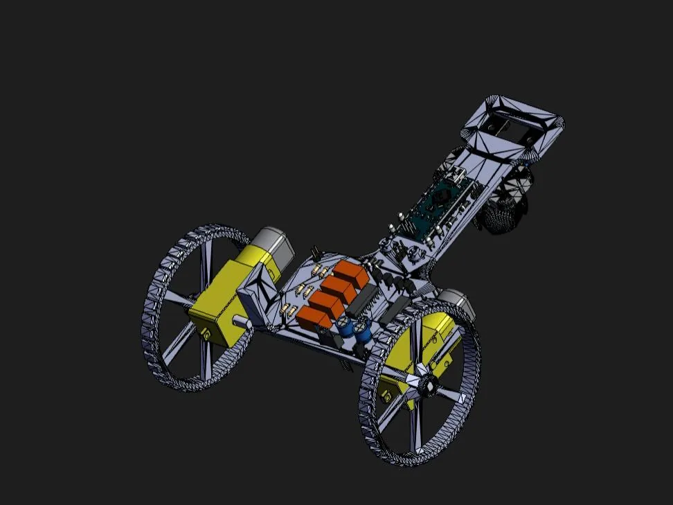 3D model of the line-following robot: chassis, two wheels with yellow gear motors and the control board on top