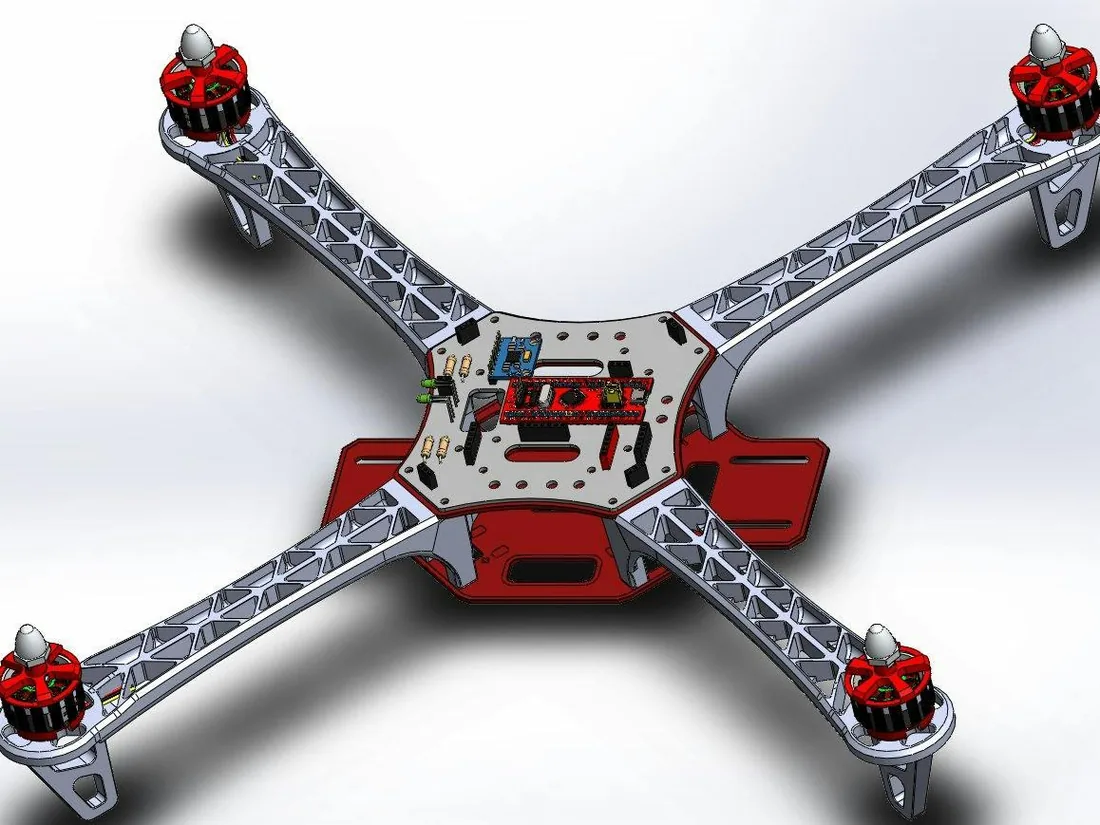 3D model of the quadcopter frame with the flight-controller board in the centre